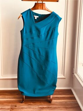 London Times Teal Pleated Ruched Sheath Dress Size 12 Sleeveless